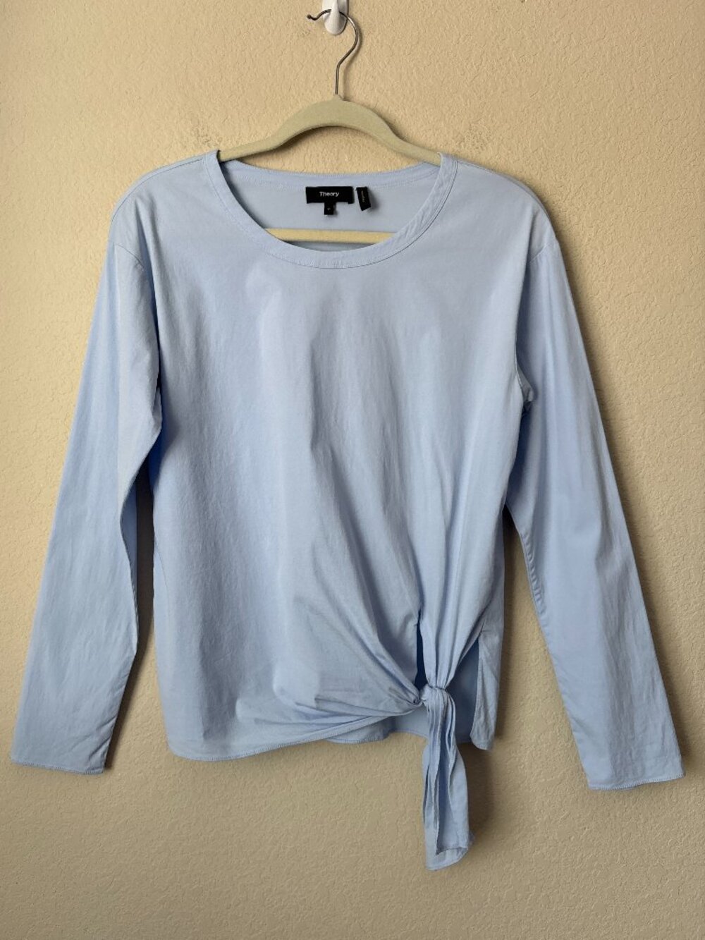 Theory Serah Stretch Cotton Waist Tie Top in Larkspur Blue - Picture 2 of 9